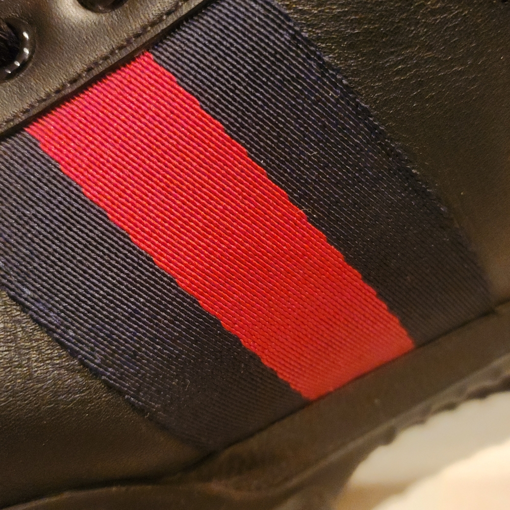 Gucci Black Leather Men's Shoes with Red and Blue Stripes - Picture 4 of 12